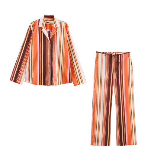Zach women\'s loose striped orange retro Shirt and Pant Loungewear set