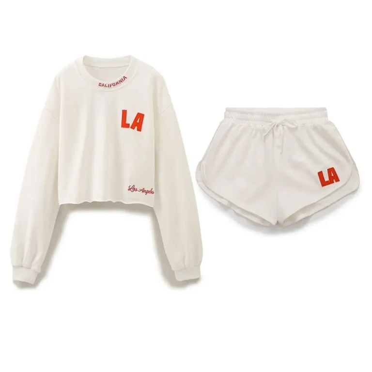 White LA tracksuit, shorts and cropped sweatshirt