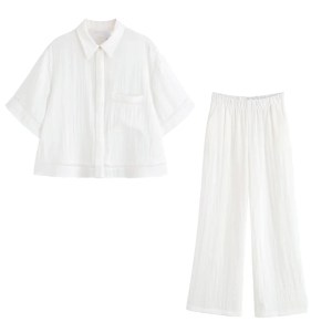 Zach Women\'s Spring Summer Short Sleeve Collar Shirt Summer New Wide Leg Casual Pants Set