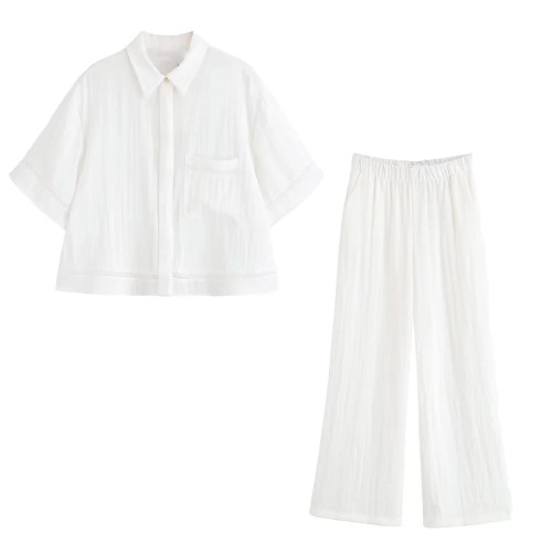 Zach Women\'s Spring Summer Short Sleeve Collar Shirt Summer New Wide Leg Casual Pants Set