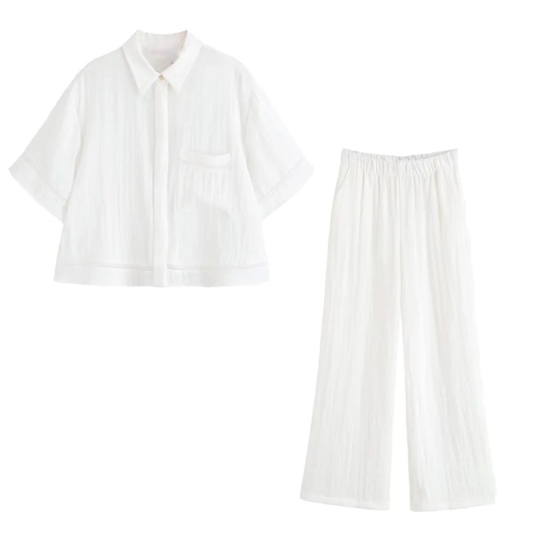 Zach Women\'s Spring Summer Short Sleeve Collar Shirt Summer New Wide Leg Casual Pants Set