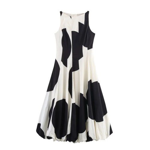 Zach Women\'s Summer Round Neck Sleeveless Balloon Slimming Balloon Dress in Black White Print