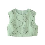 Zach Spring Summer round neck green sleeveless embroidered Crop slim fit split skirt 2