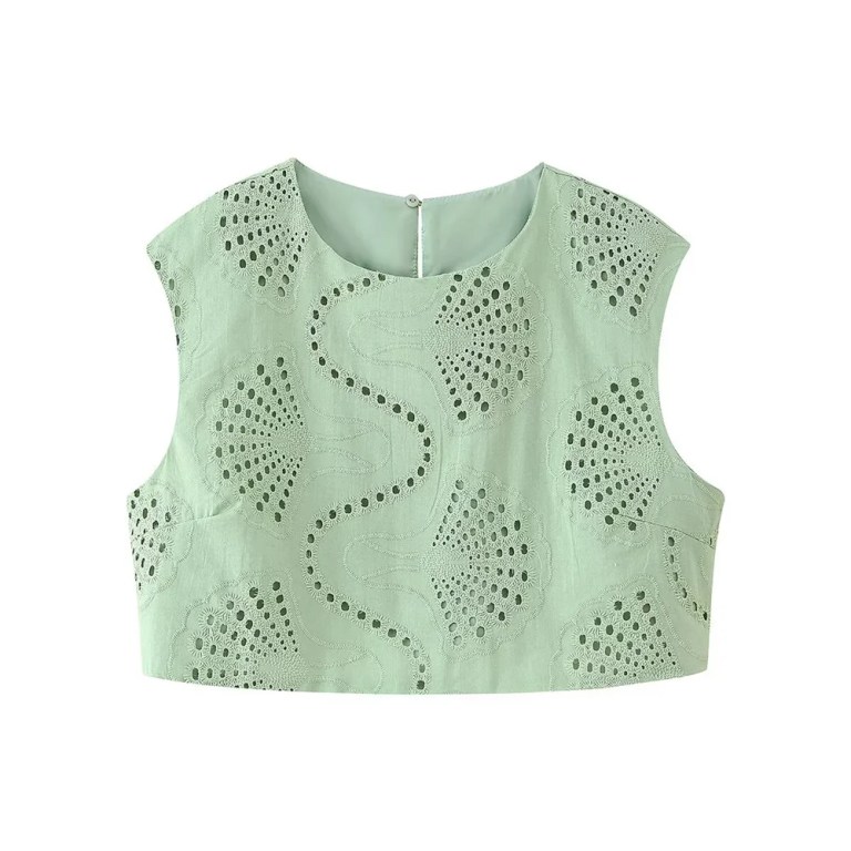 Zach Spring Summer round neck green sleeveless embroidered Crop slim fit split skirt 2