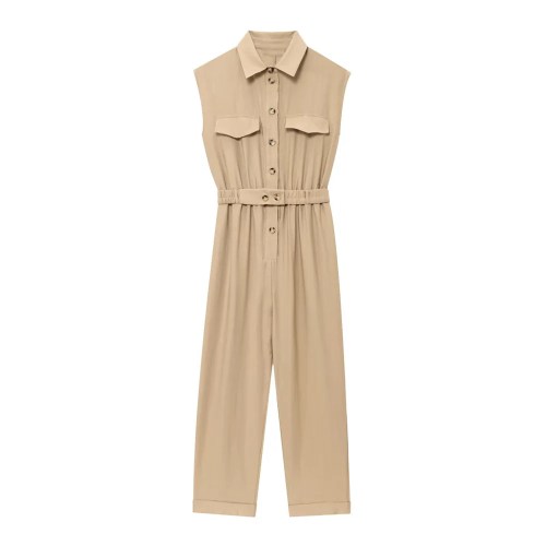 Zach Women\'s Summer Khaki Collared Jumpsuit