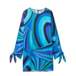 Zach women\'s round neck long sleeved Psychadelic Party summer dress new bow tie temperament slim fit short skirt