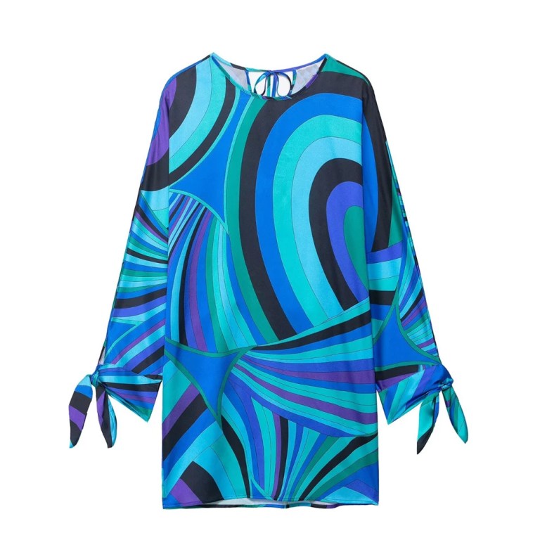 Zach women\'s round neck long sleeved Psychadelic Party summer dress new bow tie temperament slim fit short skirt