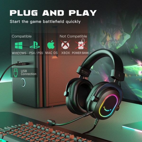 Fifine Dynamic RGB Gaming Headset with Mic Over-Ear Headphones 7.1 Surround Sound PC PS4 PS5 3 EQ Options Game Movie Music 6