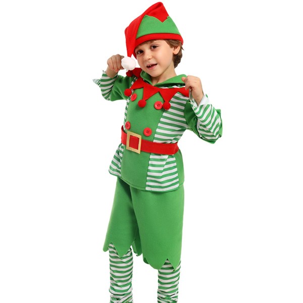 Long Sleeve Tops+ Solid Shorts +Striped Leg Warmers +Belt +Hat Christmas Halloween Party Kid Elf Costumes Set 4
