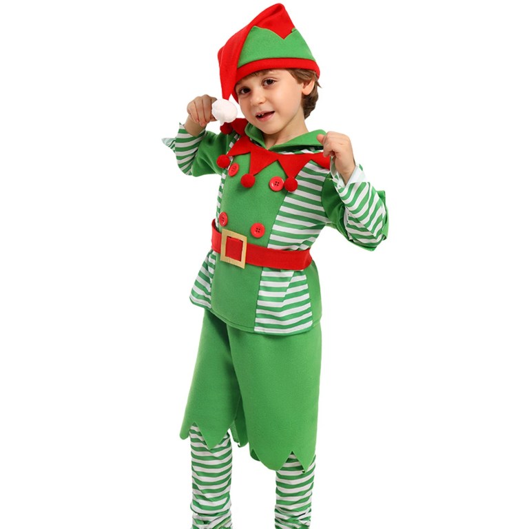 long sleeve tops+ solid shorts +striped leg warmers +belt +hat christmas halloween party kid elf costumes set Long Sleeve Tops+ Solid Shorts +Striped Leg Warmers +Belt +Hat Christmas Halloween Party Kid Elf Costumes Set 4