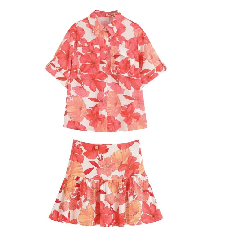 zach spring summer orange floral short sleeve shirt and ruffle skirt set Zach Spring Summer orange Floral Short sleeve shirt and ruffle skirt set