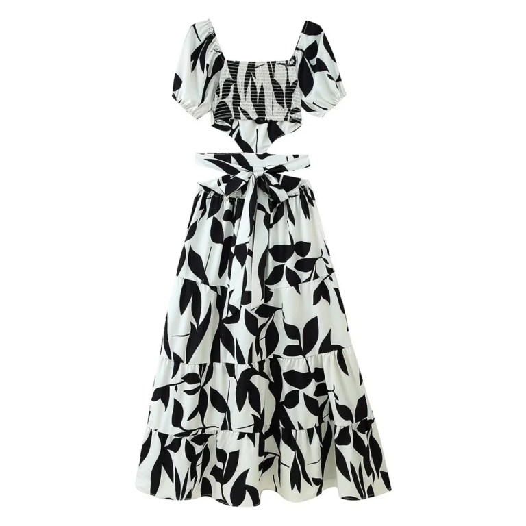 Zach women\'sBlack White Floral cut out waist printed dress summer new patchwork ruffle edge long skirt 2