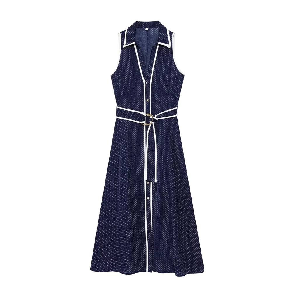 Zach Womens Spring Summer polka Dot Collar tennis Dress in White or Navy Midi Dress Crop Sleeveless 2