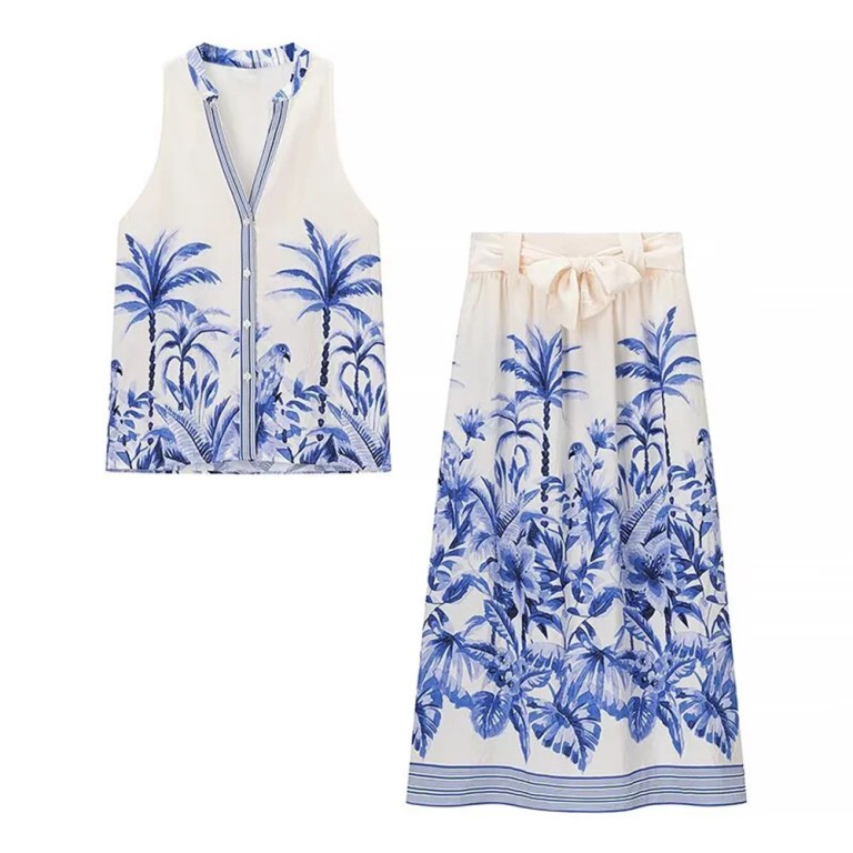 Zach Spring Summer Crop Shirt Tank And Skirt Set Blue Palm Tree Tropical Style Printed Midi Skirt