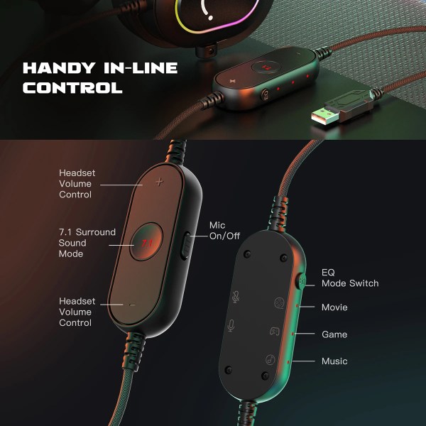 Fifine Dynamic RGB Gaming Headset with Mic Over-Ear Headphones 7.1 Surround Sound PC PS4 PS5 3 EQ Options Game Movie Music 5