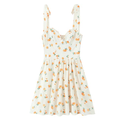 Zach women\'s bow pleated orange print camisole short mini dress