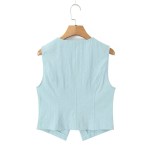Zach Womens Spring Summer simple V-neck single breasted vest, summer new high waist in Light Blue 3