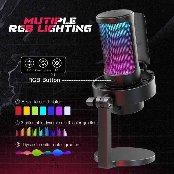 FIFINFIFINE USB Gaming Microfono para PC Mac PS4 PS5, RGB Condensador Micrófono per Streaming,Podcasts, con Control RGB A8 4