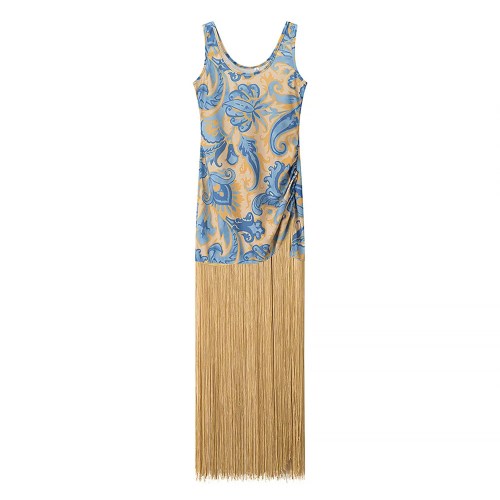 Zach Womens Spring Summer Womens Blue Gold Renaisance Fringe long Dress Dress