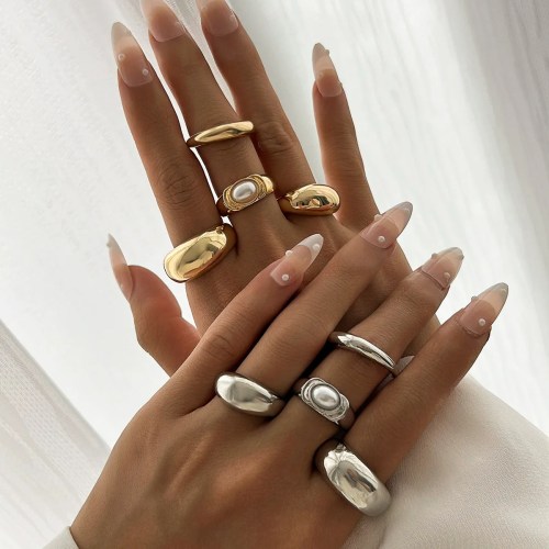 diazi one set fashion pearl open rings for women men girls punk gold silver DIAZI One Set Fashion Pearl Open Rings For Women Men Girls Punk Gold Silver