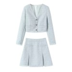 zach women's light blue textured woolen v neck long sleeved single breasted suit jacket new high waisted mini skirt set Zach women\'s Light blue textured woolen V-neck long sleeved single breasted suit jacket new high waisted mini skirt Set