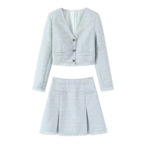Zach women\'s Light blue textured woolen V-neck long sleeved single breasted suit jacket new high waisted mini skirt Set