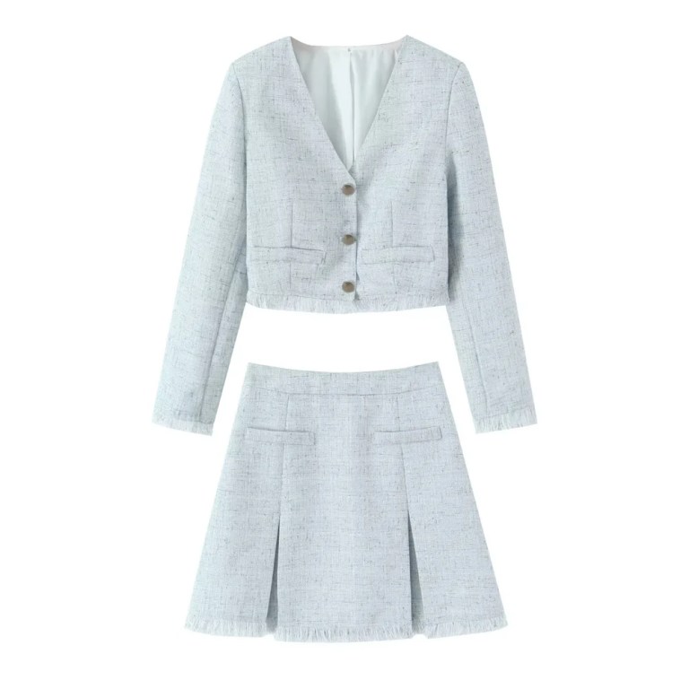 zach women's light blue textured woolen v neck long sleeved single breasted suit jacket new high waisted mini skirt set Zach women\'s Light blue textured woolen V-neck long sleeved single breasted suit jacket new high waisted mini skirt Set