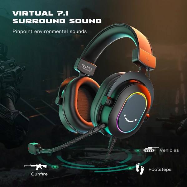 Fifine Dynamic RGB Gaming Headset with Mic Over-Ear Headphones 7.1 Surround Sound PC PS4 PS5 3 EQ Options Game Movie Music 2