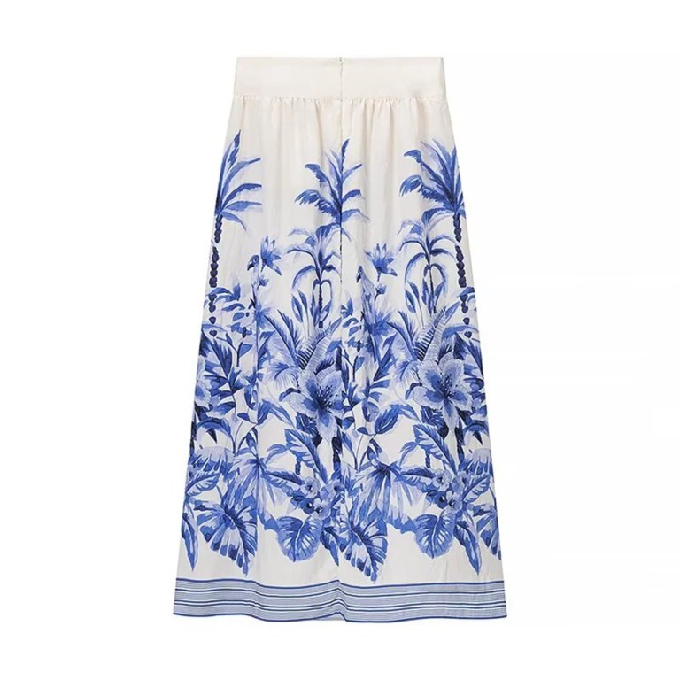 Zach Spring Summer Crop Shirt Tank And Skirt Set Blue Palm Tree Tropical Style Printed Midi Skirt 5