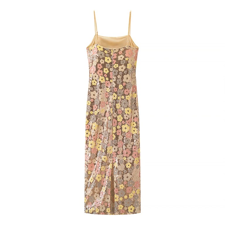Zach Spring Summer Champagne Sequin Floral Slip Spaghetti Dress Midi 2