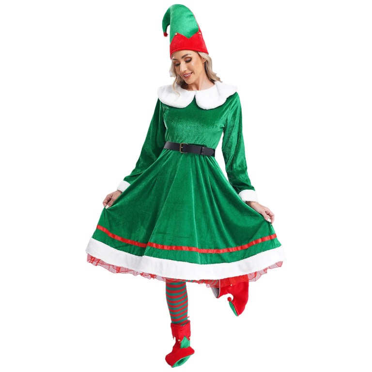 womens christmas elf costume velvet dress with hat elf ears shoes belt stockings festival new year party fancy dress up Womens Christmas Elf Costume Velvet Dress with Hat Elf Ears Shoes Belt Stockings Festival New Year Party Fancy Dress Up 5