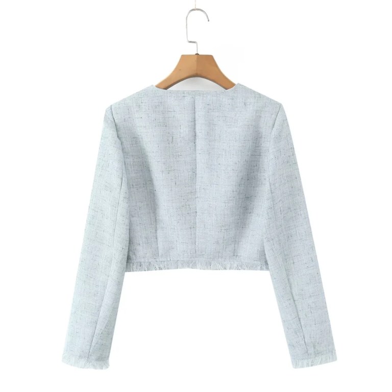 zach women's light blue textured woolen v neck long sleeved single breasted suit jacket new high waisted mini skirt set Zach women\'s Light blue textured woolen V-neck long sleeved single breasted suit jacket new high waisted mini skirt Set 3