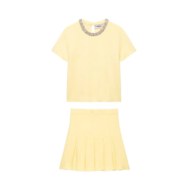 Zach Spring Summer Princess Shortsleeve sweater and pleat skirt set in pale yellow or blue