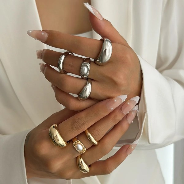 diazi one set fashion pearl open rings for women men girls punk gold silver DIAZI One Set Fashion Pearl Open Rings For Women Men Girls Punk Gold Silver 2