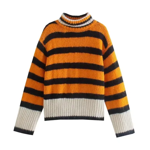 Zach Women\'s High Collar orange Contrast Striped Loose Head Knitted Sweater Autumn/Winter New Long Sleeve Sweater