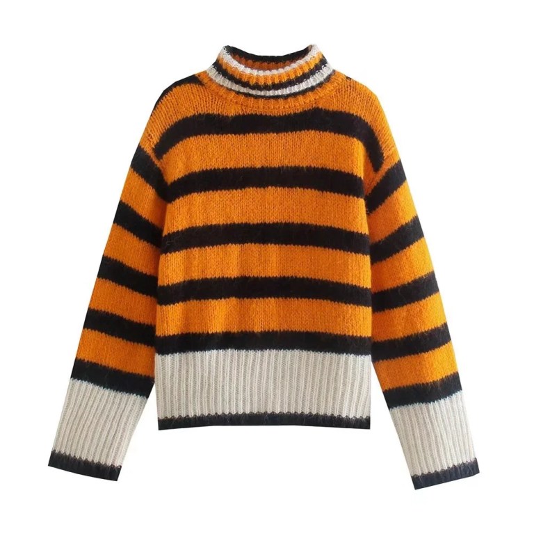 zach women's high collar orange contrast striped loose head knitted sweater autumn/winter new long sleeve sweater Zach Women\'s High Collar orange Contrast Striped Loose Head Knitted Sweater Autumn/Winter New Long Sleeve Sweater