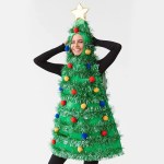 Christmas Tree Costume Sleeveless Sequined Pullover Hooded Tops with Red Plush Ball Tinsel Adult Party Prop 2