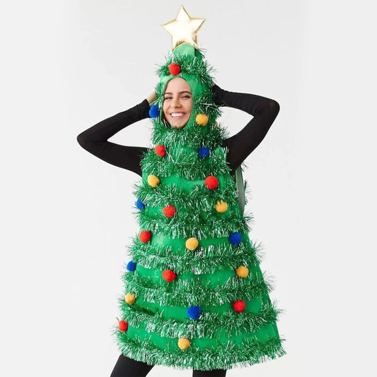 Christmas Tree Costume Sleeveless Sequined Pullover Hooded Tops with Red Plush Ball Tinsel Adult Party Prop 2