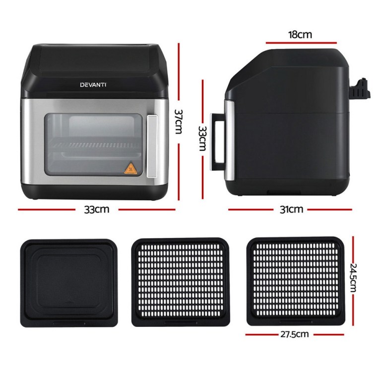 Devanti air fryer, dimensions and accessories shown.