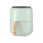 Mint green air fryer with wooden handle.
