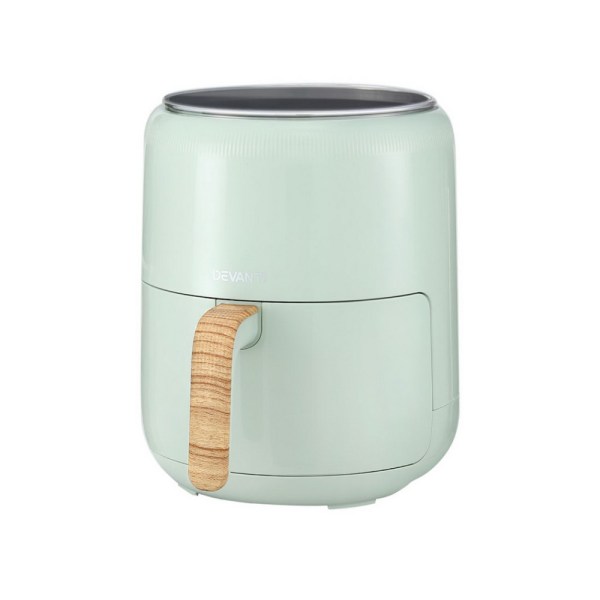 Mint green air fryer with wooden handle.