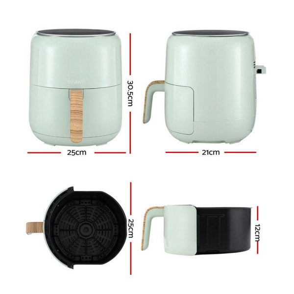 Green air fryer dimensions and detachable basket illustrated.