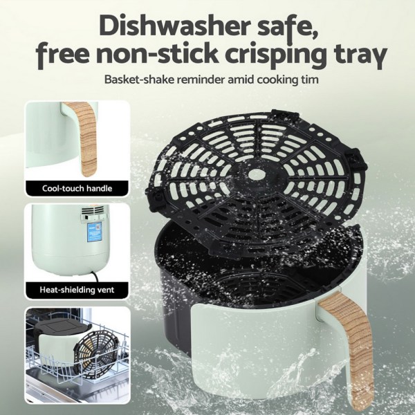 Non-stick crisping tray with cool-touch handle, dishwasher safe.