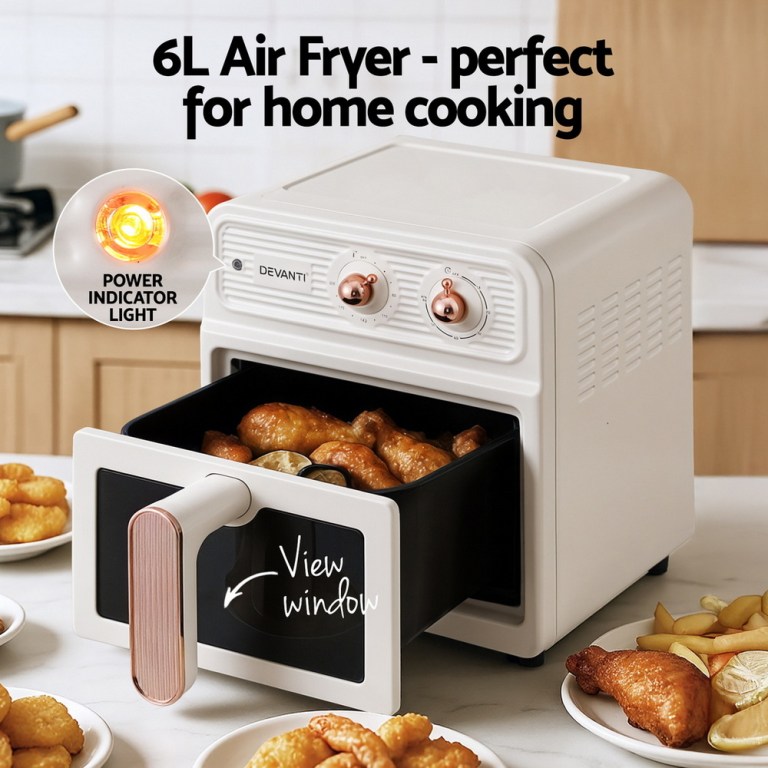 devanti 6l air fryer knob control 1700w cream
