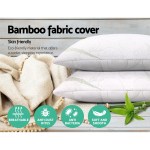 Eco-friendly bamboo pillows with benefits icons displayed.