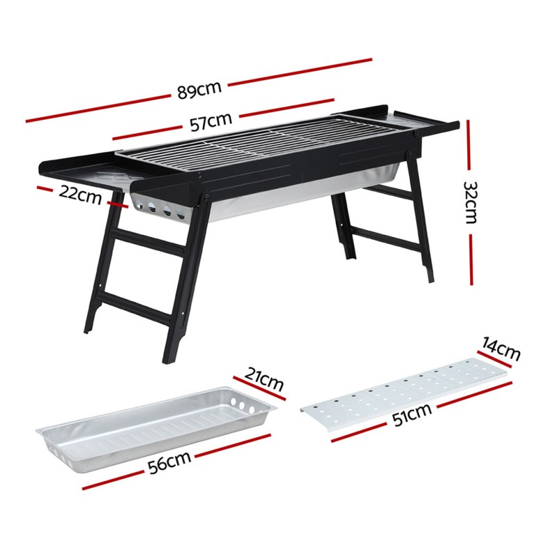 Dimensions of a metal outdoor barbecue grill.
