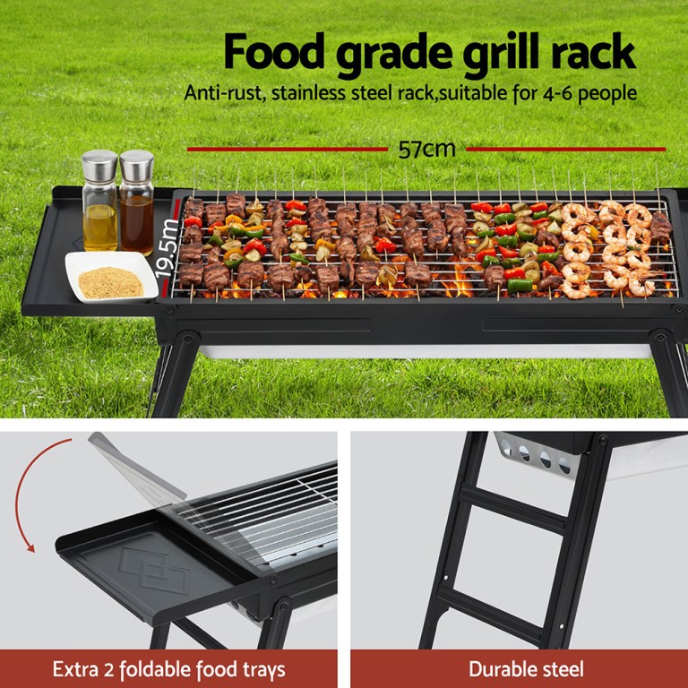 Stainless steel barbecue grill with foldable trays.