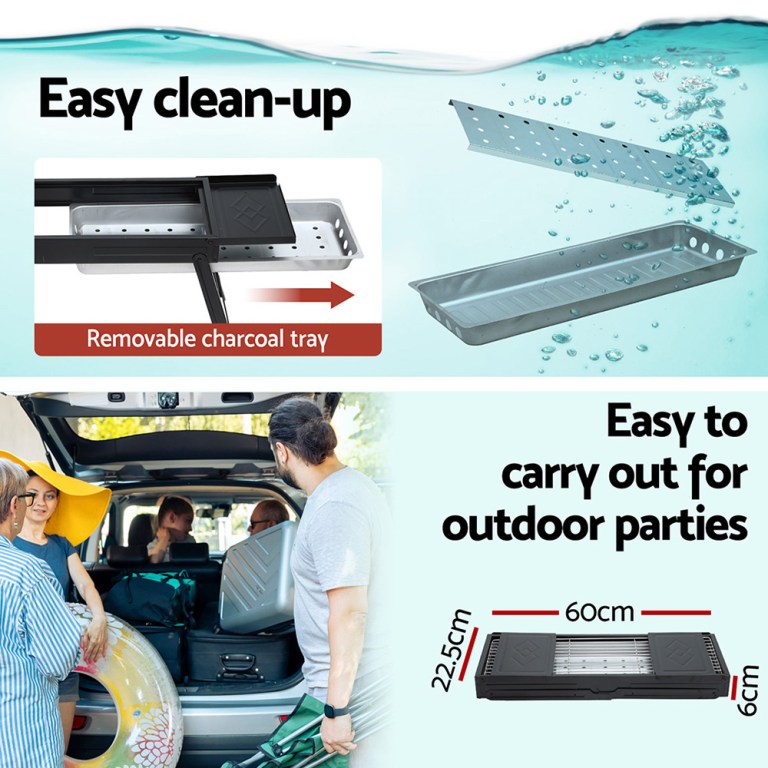 Portable BBQ with removable charcoal tray, easy cleanup.