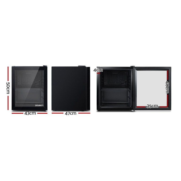 devanti 46l bar fridge glass door black