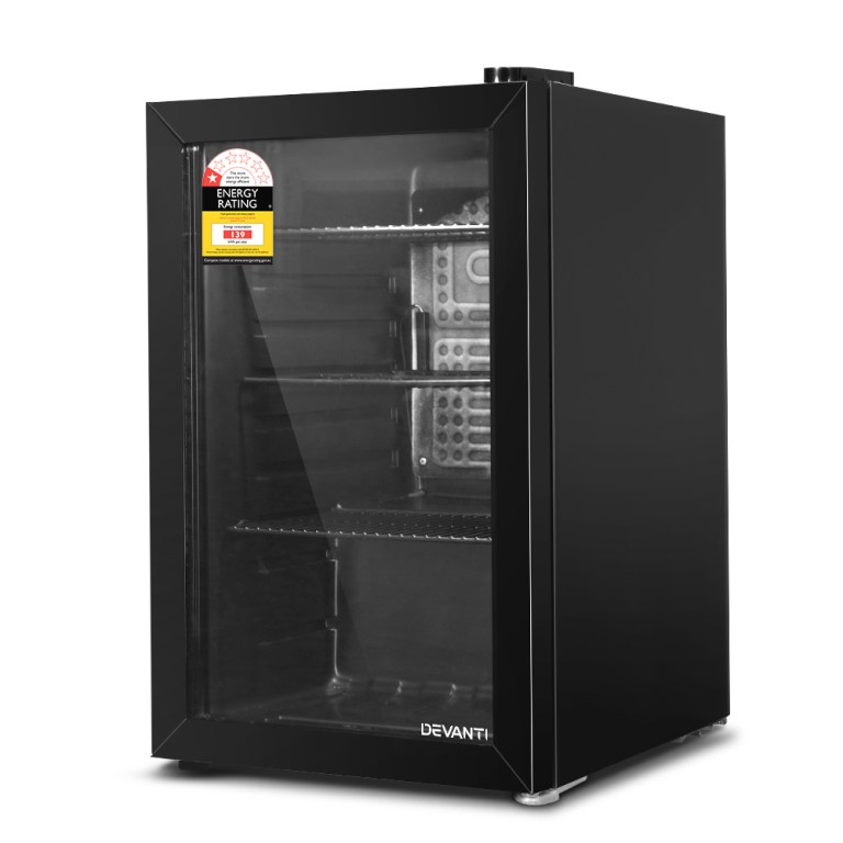 devanti 70l bar fridge glass door w/light black devanti 70l bar fridge glass door w/light black